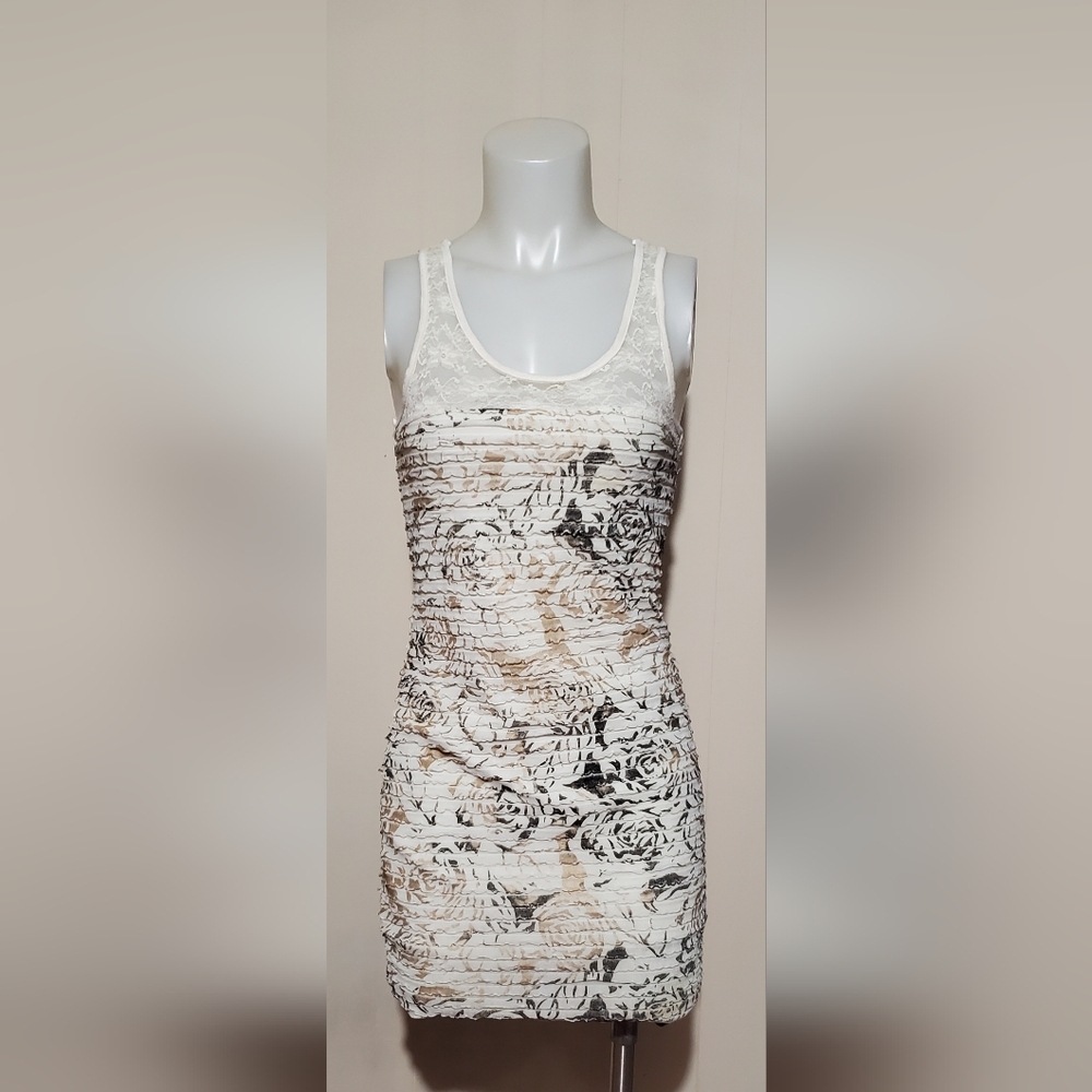Just Me Ruched Mini Dress Lace And White and Brown Roses Tie Back